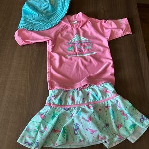 UV SKINZ swim set. Pink and Aqua Dolphin Print Dress with Hat